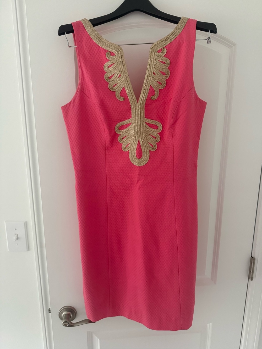 Lilly Pulitzer Pink Sheath Dress with Gold Embroidered V-Neck